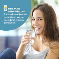 Thumbnail for Memo Guard Premium Anwendungsgrafik mit Frau, Wasserglas und Hinweis 1 Kapsel
