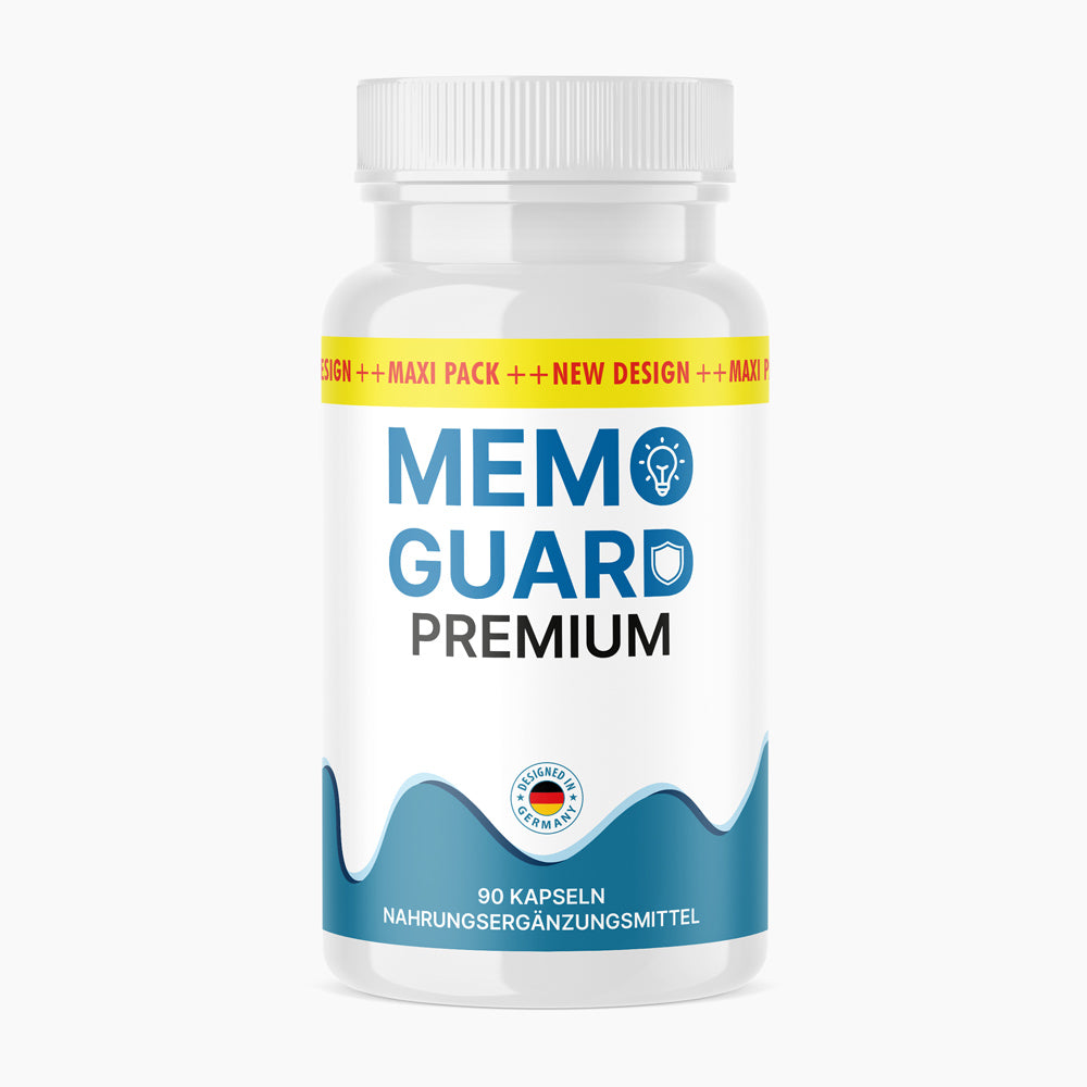 Weiße Dose Memo Guard Premium mit 90 Kapseln und türkisfarbenem Wellenmotiv