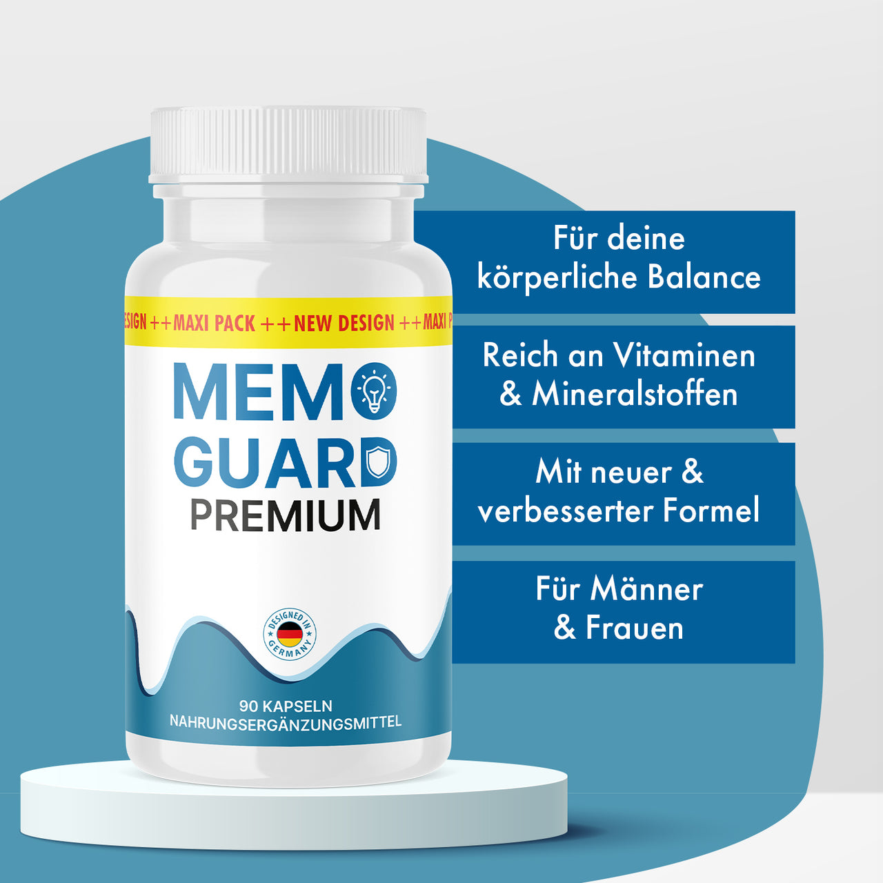 Memo Guard Premium Dose mit 90 Kapseln auf Podest vor türkisfarbenem Hintergrund