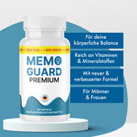 Thumbnail for Memo Guard Premium Dose mit 90 Kapseln auf Podest vor türkisfarbenem Hintergrund