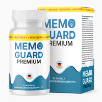 Thumbnail for Memo Guard Premium Dose mit 90 Kapseln vor passender Faltschachtel mit türkisfarbenem Design
