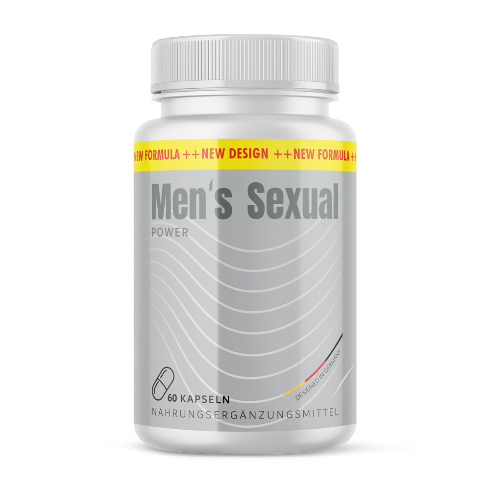 Kunststoffdose mit silbernem Etikett und Schrift Men’s Sexual Power, 60 Kapseln