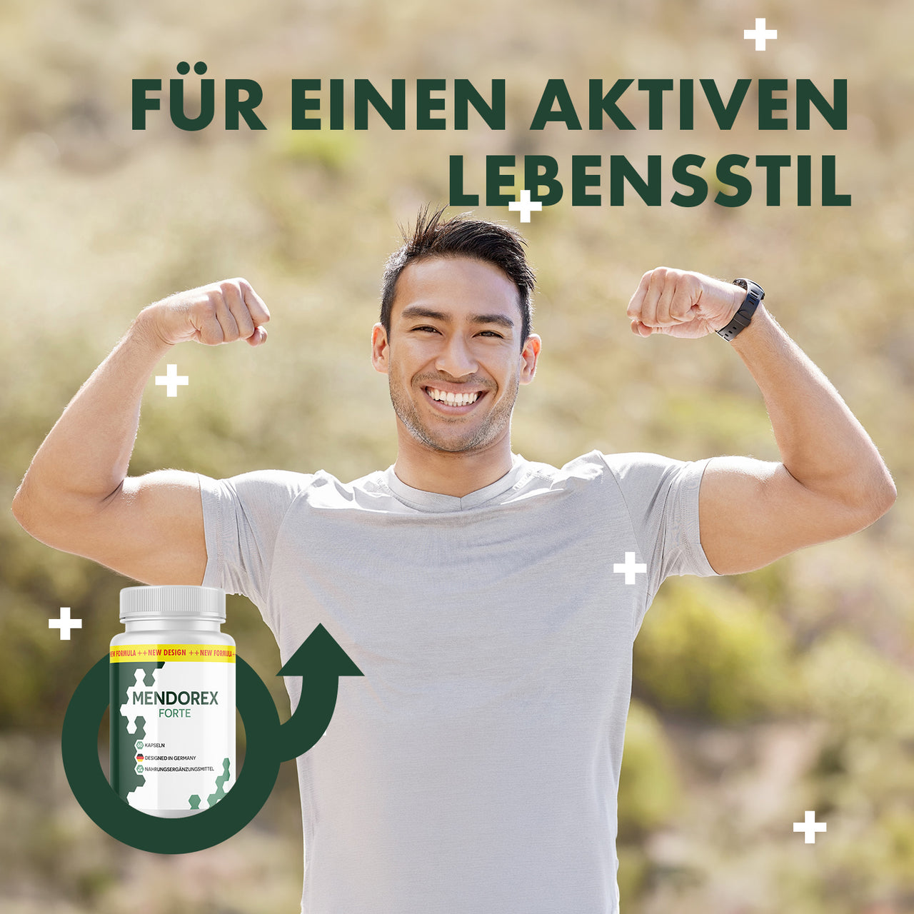 Mann hebt lächelnd beide Arme, daneben Dose Mendorex Forte und Schriftzug für aktiven Lebensstil