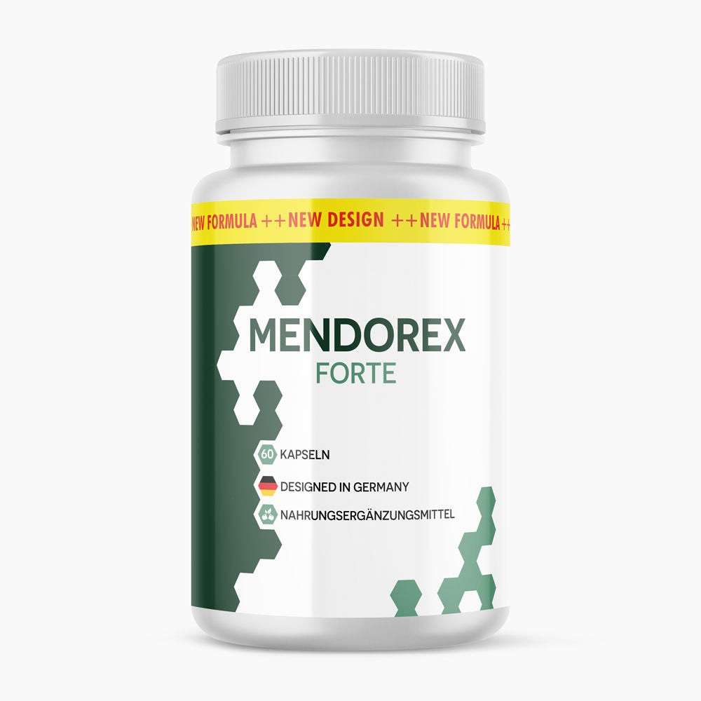 Dose Mendorex Forte mit grün-weißem Etikett, 60 Kapseln und sichtbarem Hinweis Designed in Germany