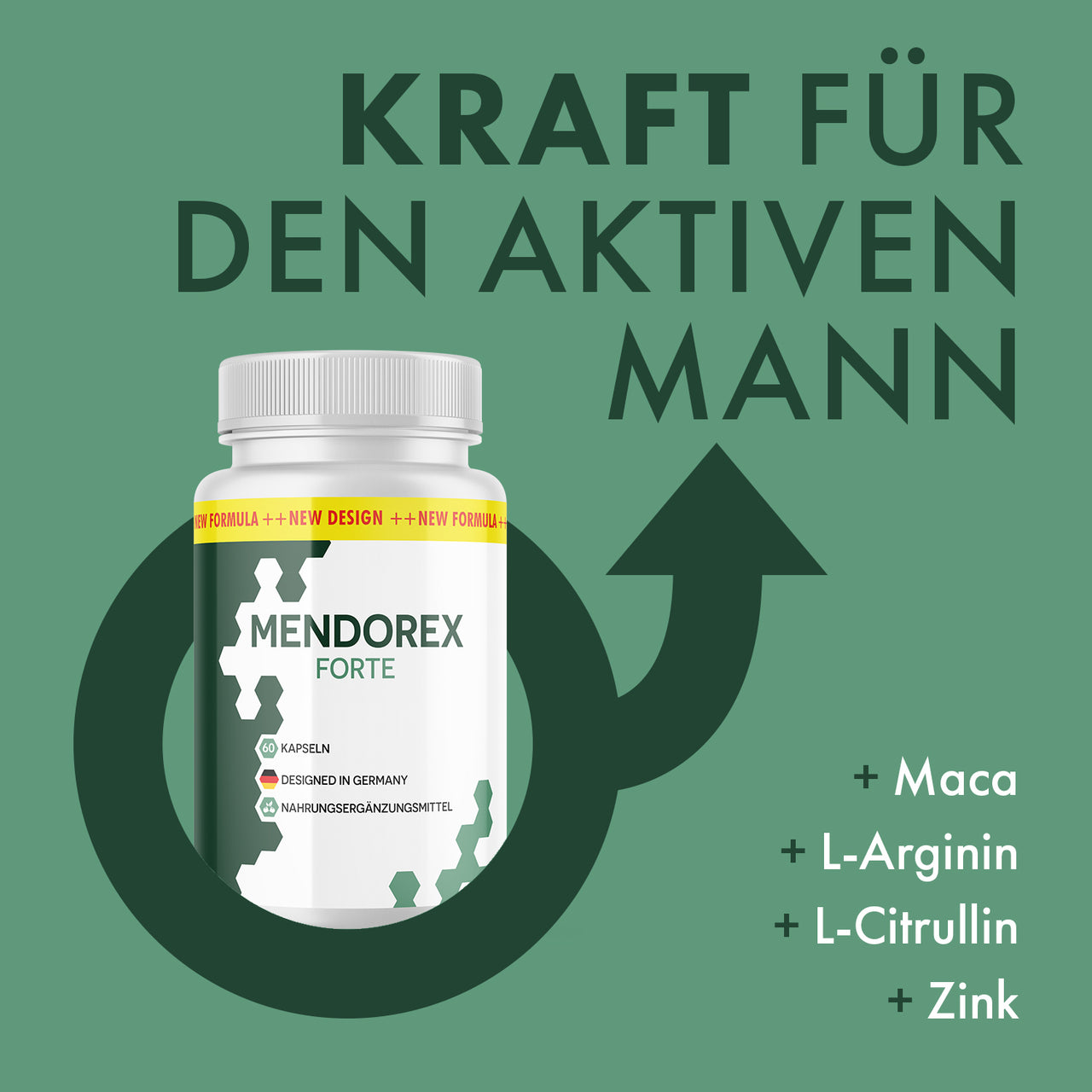 Dose Mendorex Forte vor grünem Symbol, dazu Maca, L-Arginin, L-Citrullin und Zink als Infopunkte