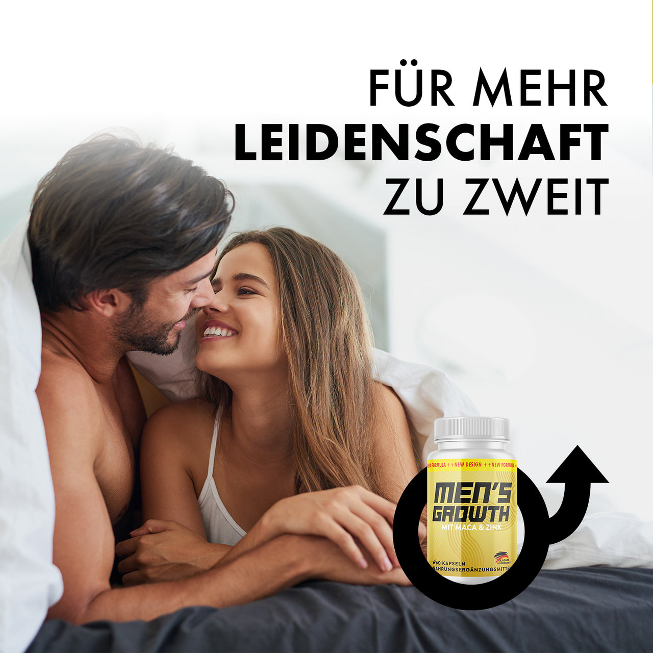 Paare liegen eng umschlungen im Bett, daneben Men’s Growth Dose mit Pfeil und Text Leidenschaft
