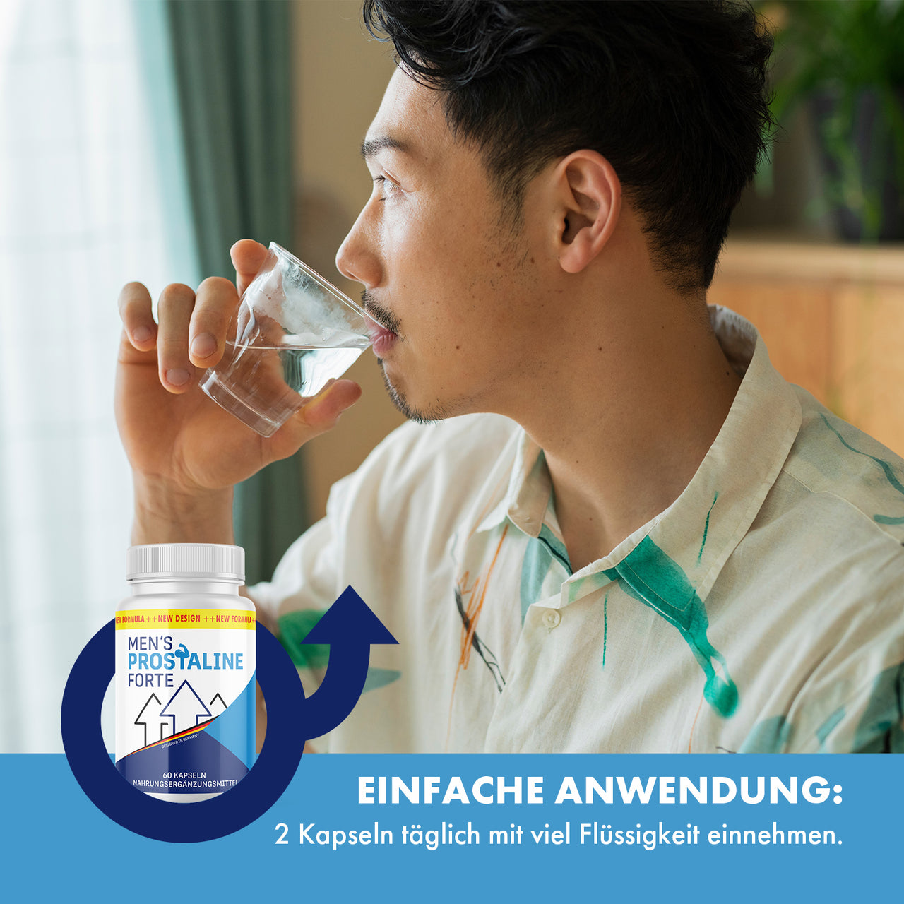 Mann trinkt Wasser aus Glas, unten Men’s Prostaline Forte Dose mit blauem Anwendungshinweis