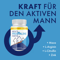 Thumbnail for Men’s Prostaline Forte Dose auf blauem Hintergrund mit Pfeilsymbol und Inhaltsstoffen rechts