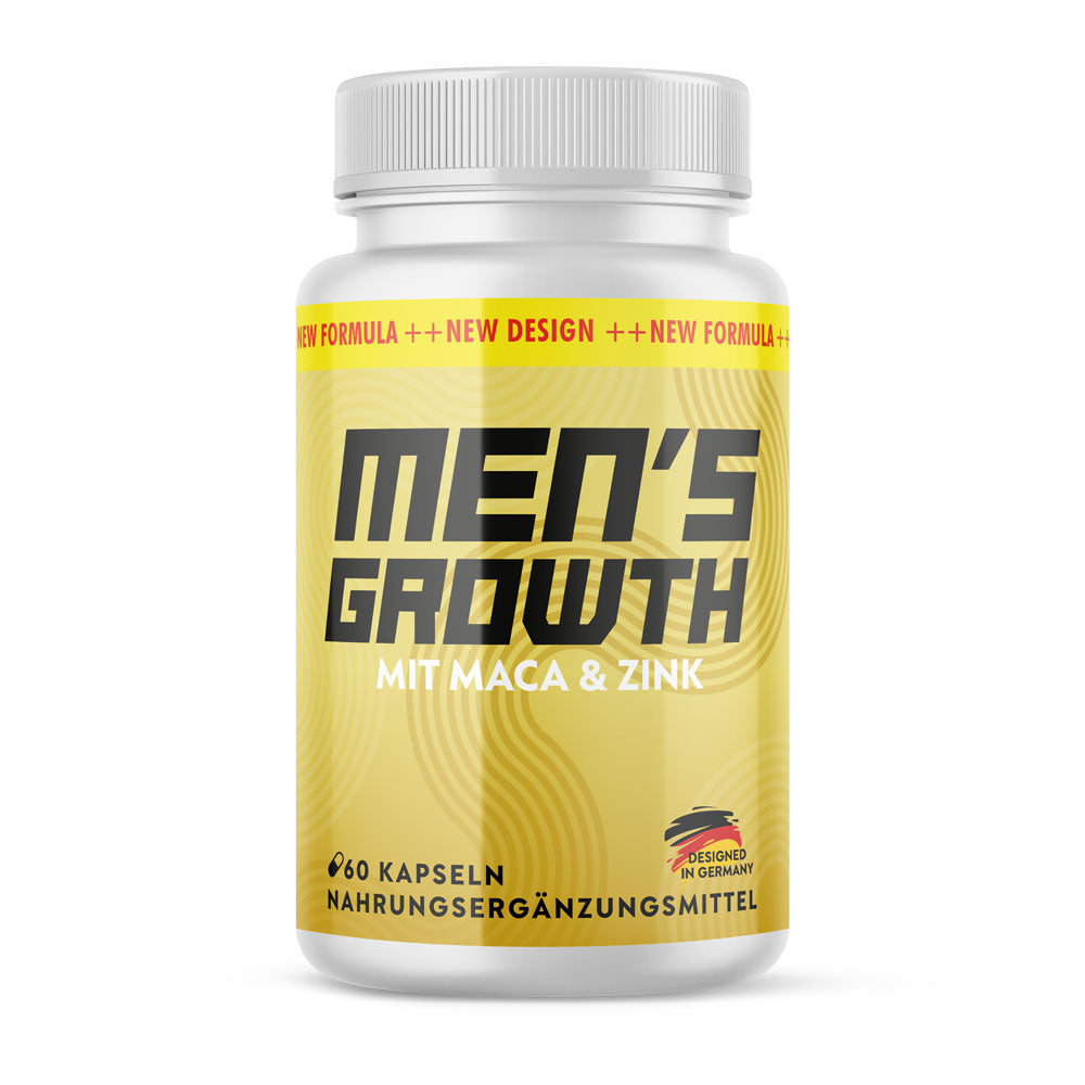 Gelbe Kunststoffdose mit Aufdruck MEN'S GROWTH mit Maca & Zink, 60 Kapseln