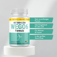 Thumbnail for WEGO6 Formula Dose auf weißem Podest mit grünem Etikett und vier Textfeldern rechts im Bild dargestellt