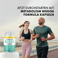 Thumbnail for Laufendes Paar im Freien mit WEGO6 Nahrungsergänzung im Vordergrund und Text zur Produktanwendung oben