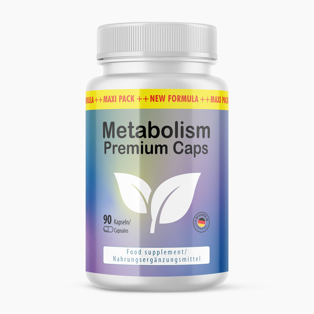 Kunststoffdose mit 90 Kapseln, Etikett mit Blattmotiv und Schrift Metabolism Premium Caps