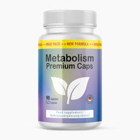 Thumbnail for Kunststoffdose mit 90 Kapseln, Etikett mit Blattmotiv und Schrift Metabolism Premium Caps