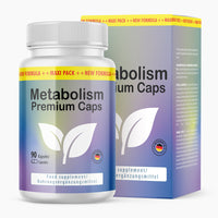 Thumbnail for Dose mit 90 Kapseln, Aufdruck Metabolism Premium Caps und passender Faltschachtel 