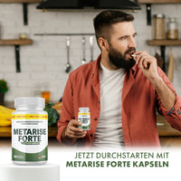Thumbnail for man taking capsule in kitchen, Metarise Forte can and text in image