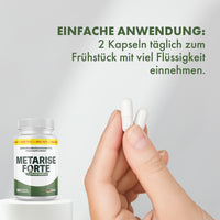 Thumbnail shows hand holding two capsules, Metarise Forte and instructions for use.