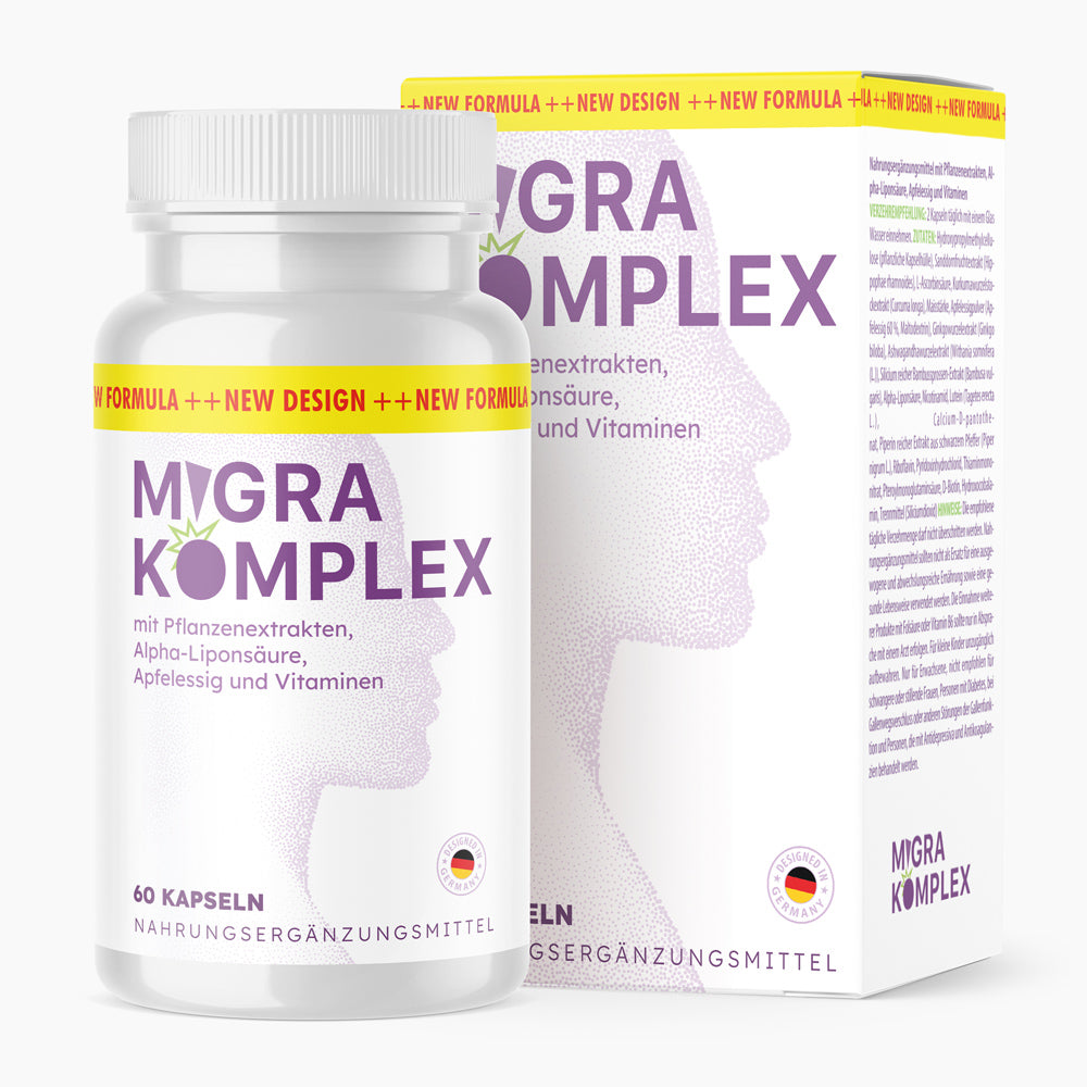 Dose und Verpackung eines Nahrungsergänzungsmittels namens Migra Komplex mit 60 Kapseln