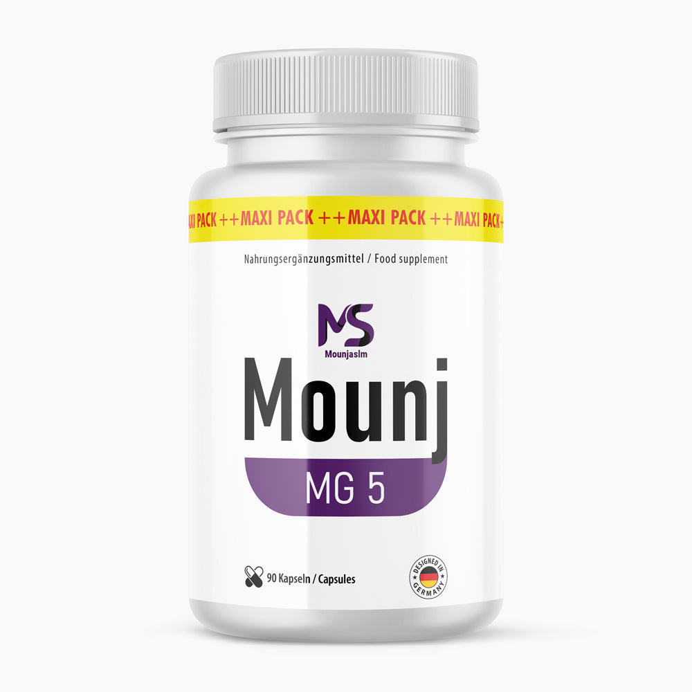 Produktbild Mounj MG 5 Nahrungsergänzungsmittel in weißer Dose mit violettem Label
