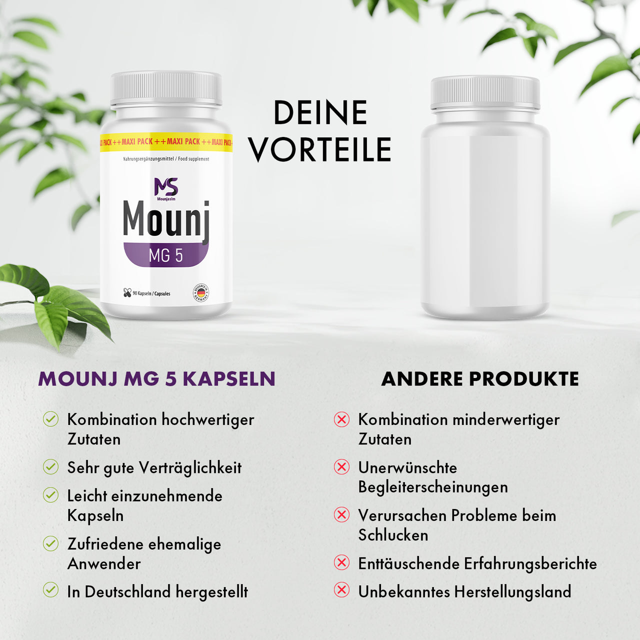 Vergleichsgrafik Mounj MG 5 Kapseln links und andere weiße Dose rechts mit Bewertungslisten