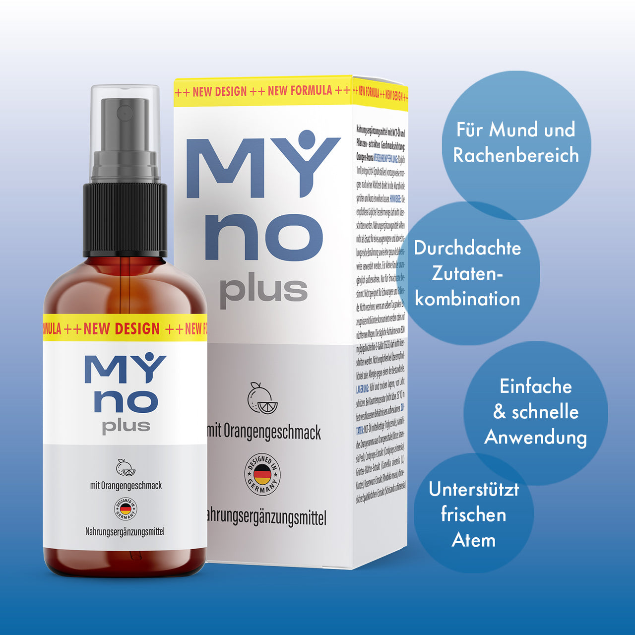 Braune Sprühflasche und Verpackung von My No Plus Spray mit vier Infokreisen zu Produktmerkmalen