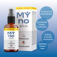 Thumbnail for Braune Sprühflasche und Verpackung von My No Plus Spray mit vier Infokreisen zu Produktmerkmalen