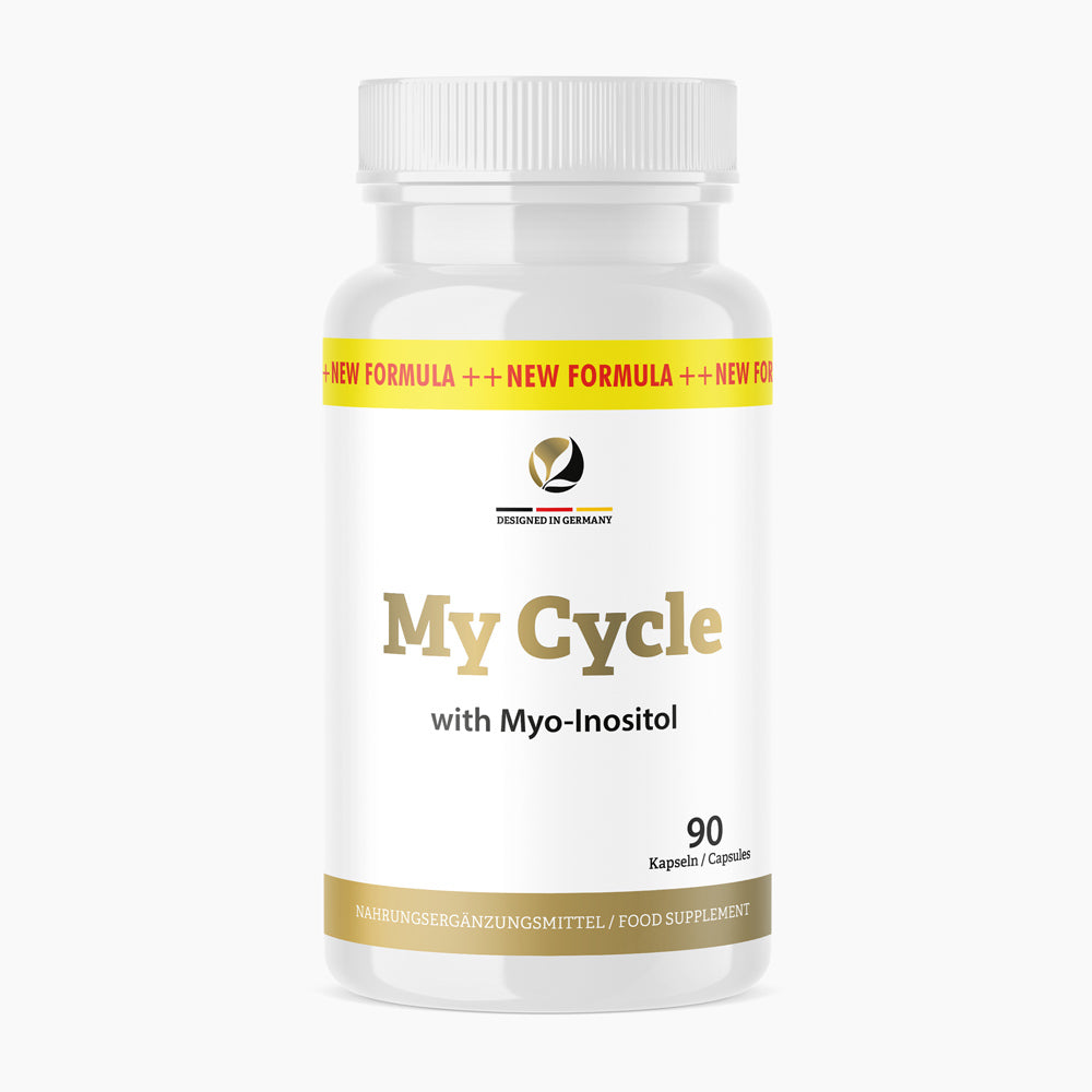 Weiße Dose mit goldener Schrift My Cycle with Myo-Inositol, 90 Kapseln und goldfarbenem Rand