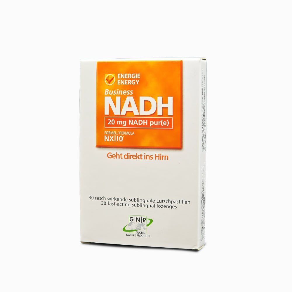 Weiße NADH-Verpackung mit orangem Feld Business 20 mg pur(e) und 30 Lutschpastillen
