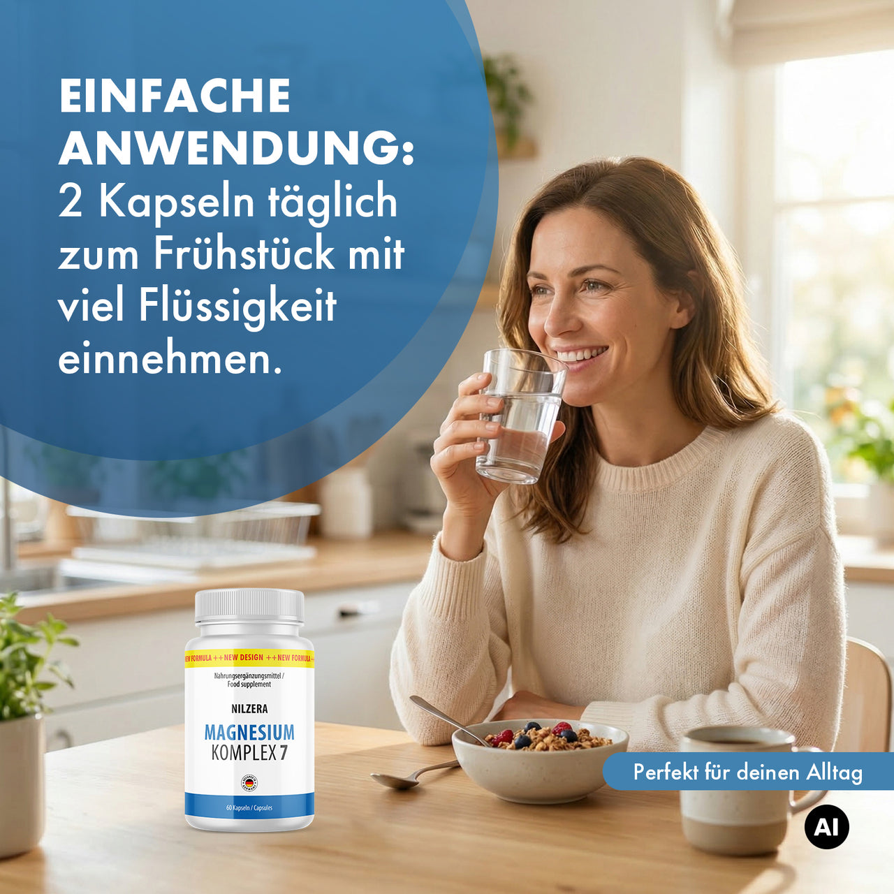 NILZERA Magnesium Komplex 7 neben Frühstücksschale; eine Frau trinkt Wasser, dazu steht „2 Kapseln täglich“