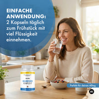 Thumbnail for NILZERA Magnesium Komplex 7 neben Frühstücksschale; eine Frau trinkt Wasser, dazu steht „2 Kapseln täglich“
