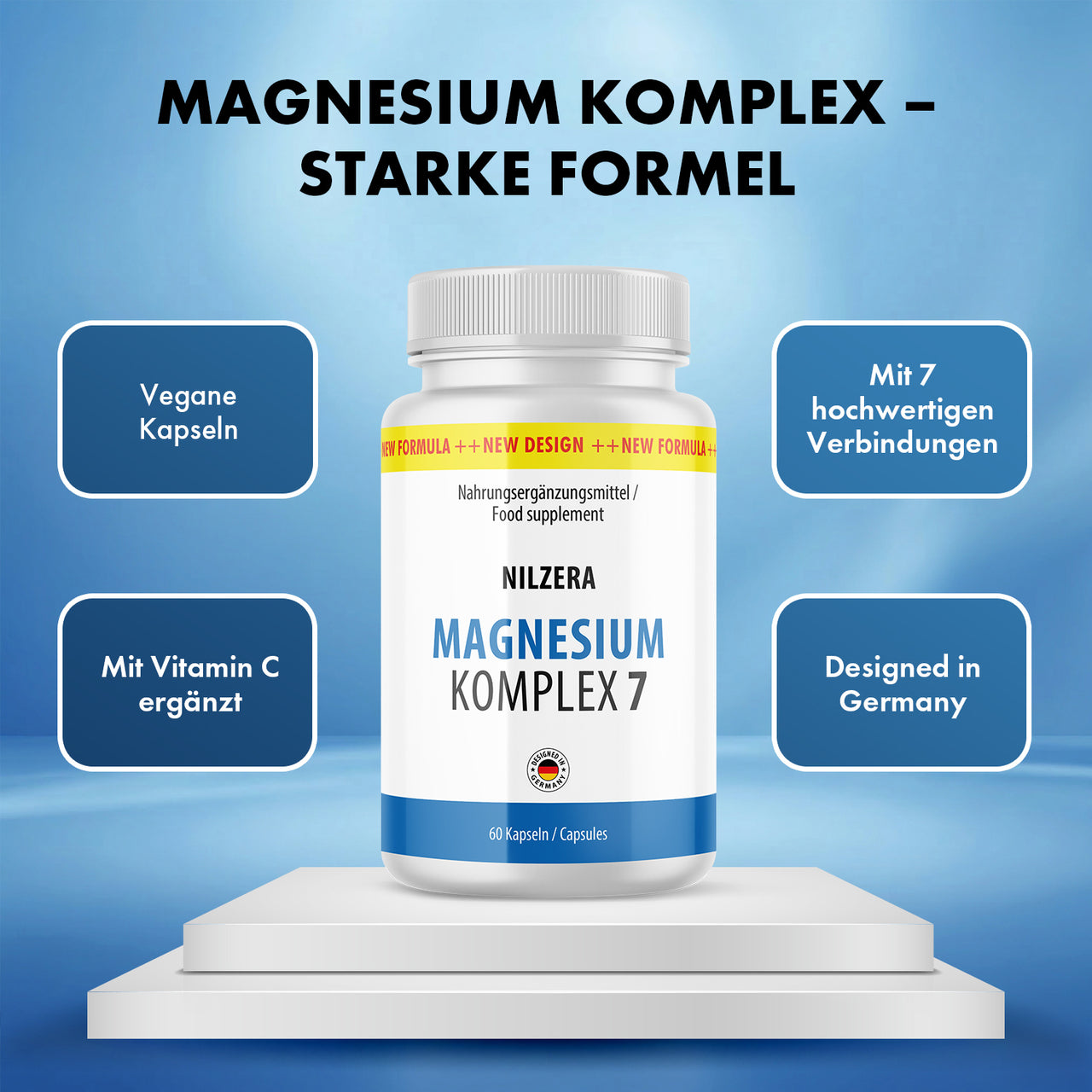 Werbegrafik zu NILZERA Magnesium Komplex 7 nennt Vitamin C, vegane Kapseln und 7 Verbindungen