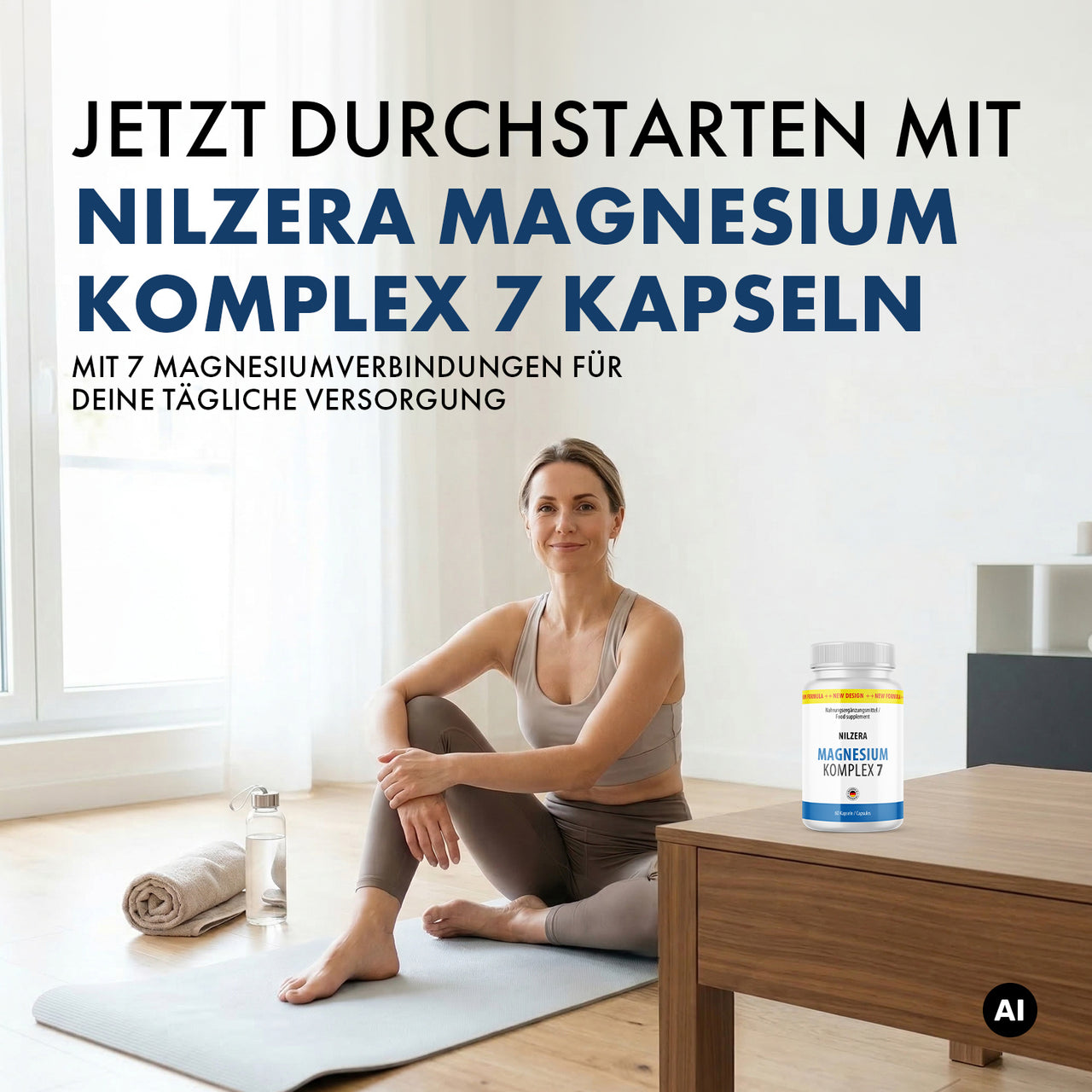 Sportliche Frau auf einer Matte neben NILZERA Magnesium Komplex 7; Werbeaussage „Jetzt durchstarten“