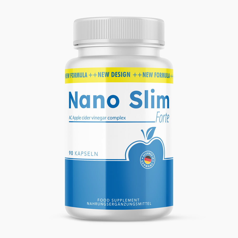 Weiße Kunststoffdose mit blauem Etikett Nano Slim Forte mit 90 Kapseln und Apfelmotiv