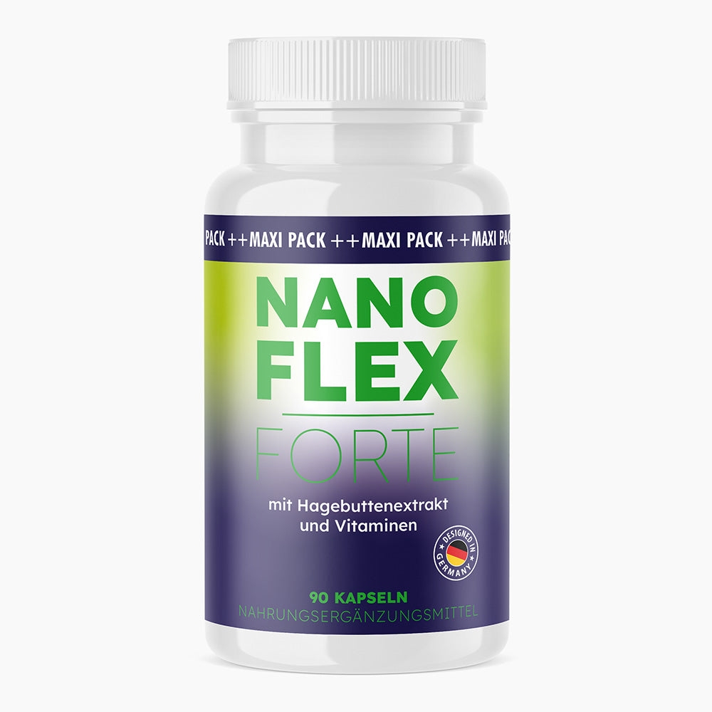 Dose mit grün-violettem Farbverlauf und Schrift Nanoflex Forte, 90 Kapseln sichtbar