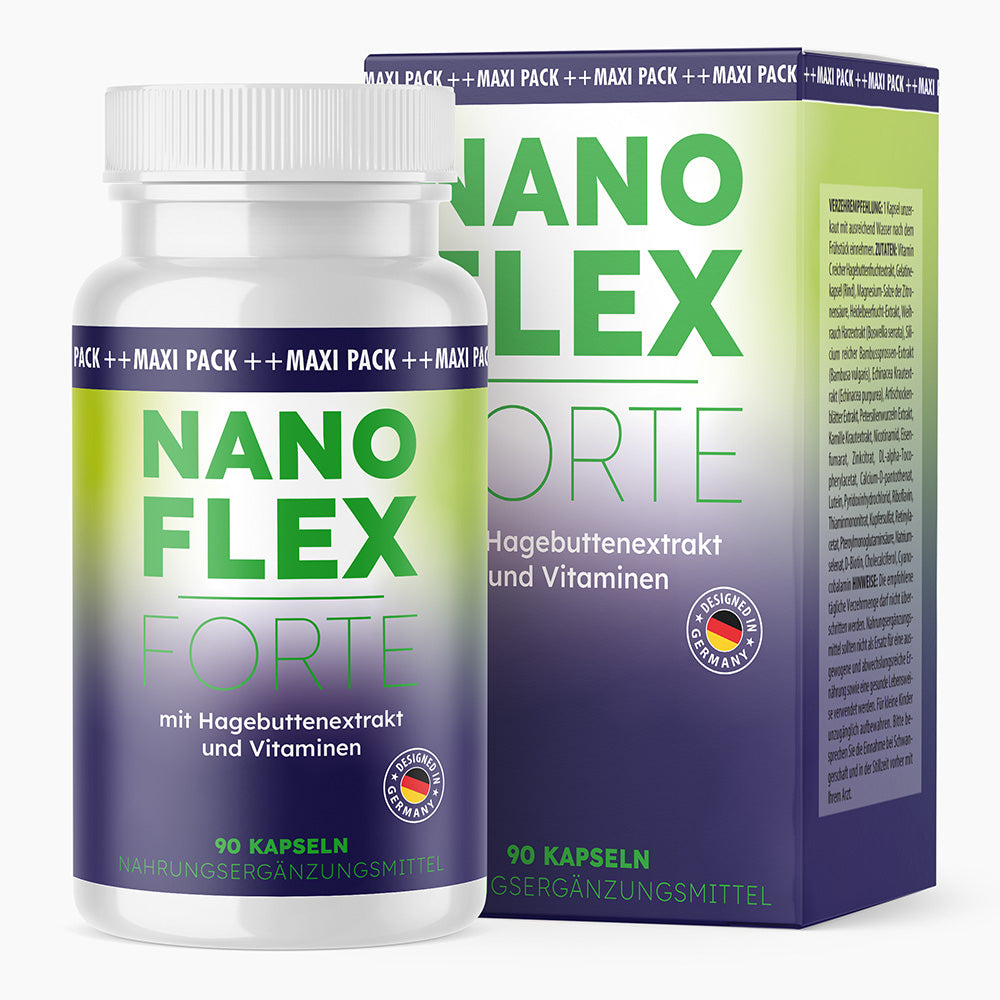 Dose mit Farbverlauf von Grün zu Violett, Schrift Nanoflex Forte mit 90 Kapseln vor passender Faltschachtel