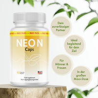 Thumbnail for Neo N Caps in weißer Dose auf Holzsockel mit vier Infokreisen und grünen Blättern im Hintergrund