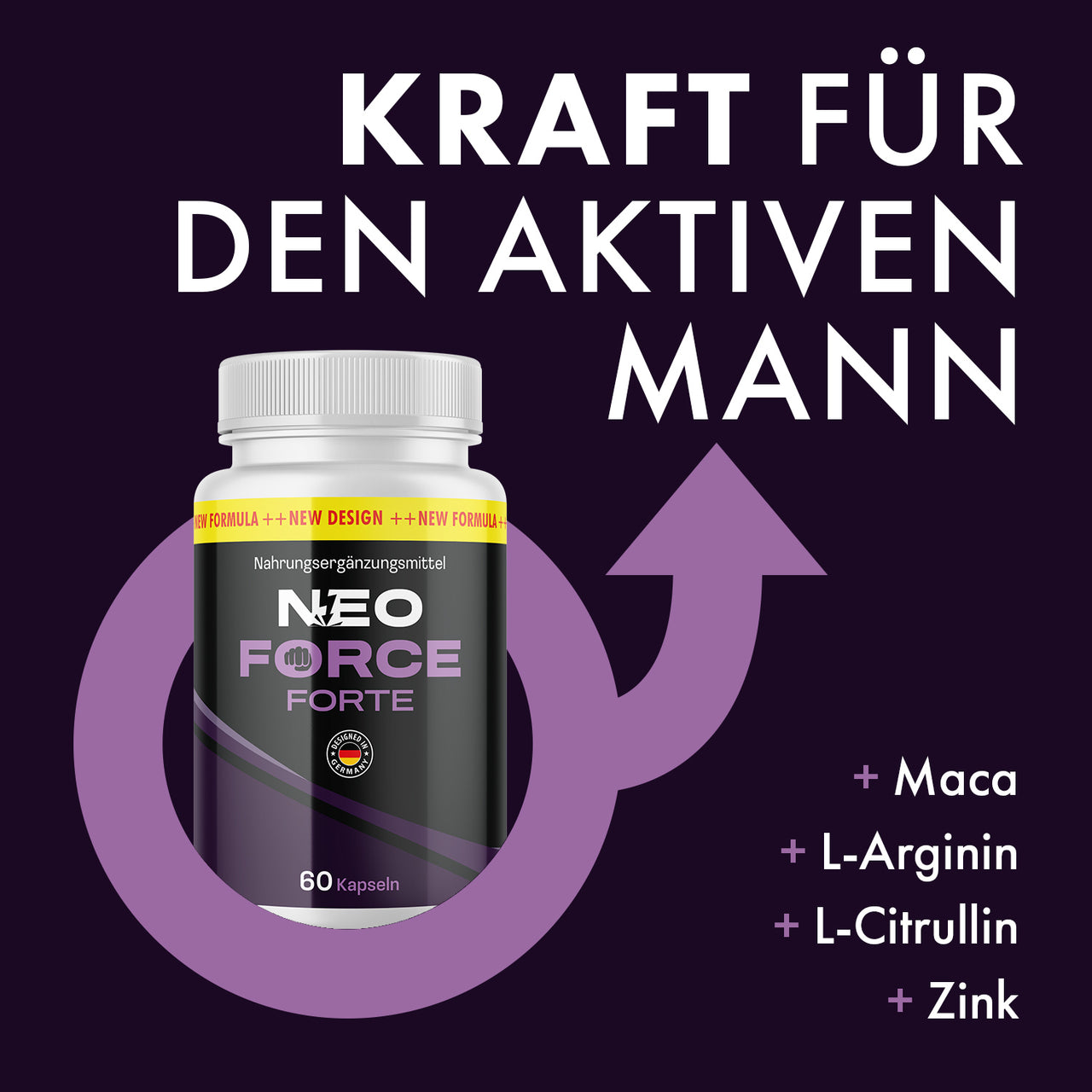 Dose NEO FORCE FORTE unter dem Text Kraft für den aktiven Mann mit Maca, L-Arginin und L-Citrullin