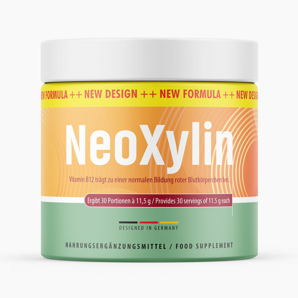 NeoXylin Nahrungsergänzungsmittel in Dose mit orange-grünem Design