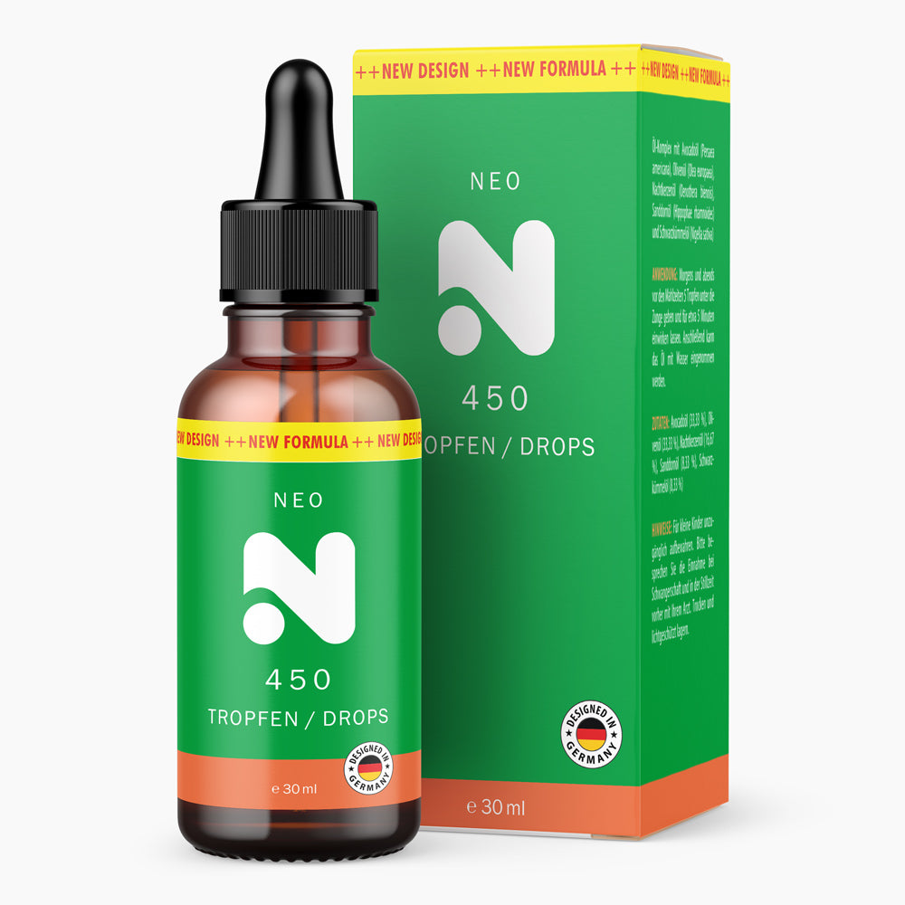 Braune Flasche mit Pipette und grünem Etikett NEO 450 Tropfen, 30 ml, vor passender Faltschachtel