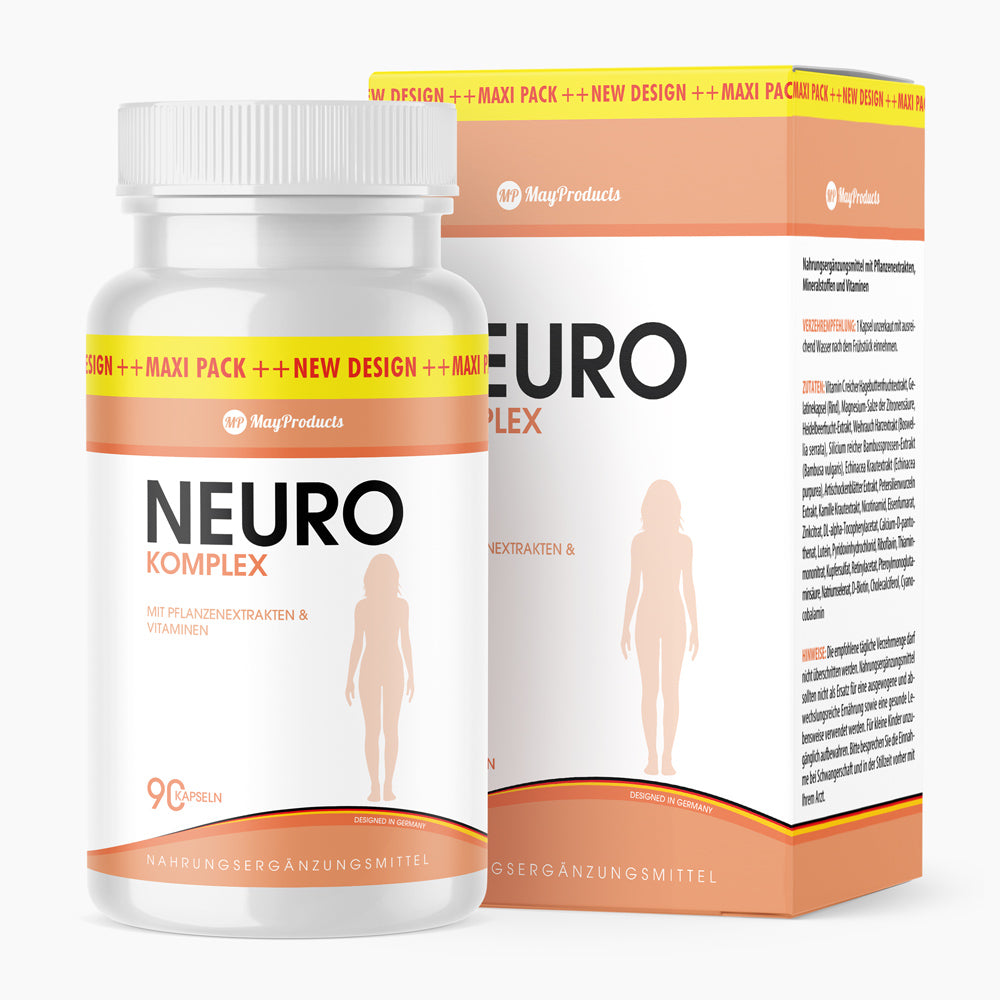Neuro Komplex Nahrungsergänzungsmittel Dose und Verpackung mit Pflanzenextrakten, Vitaminen 90 Kapseln