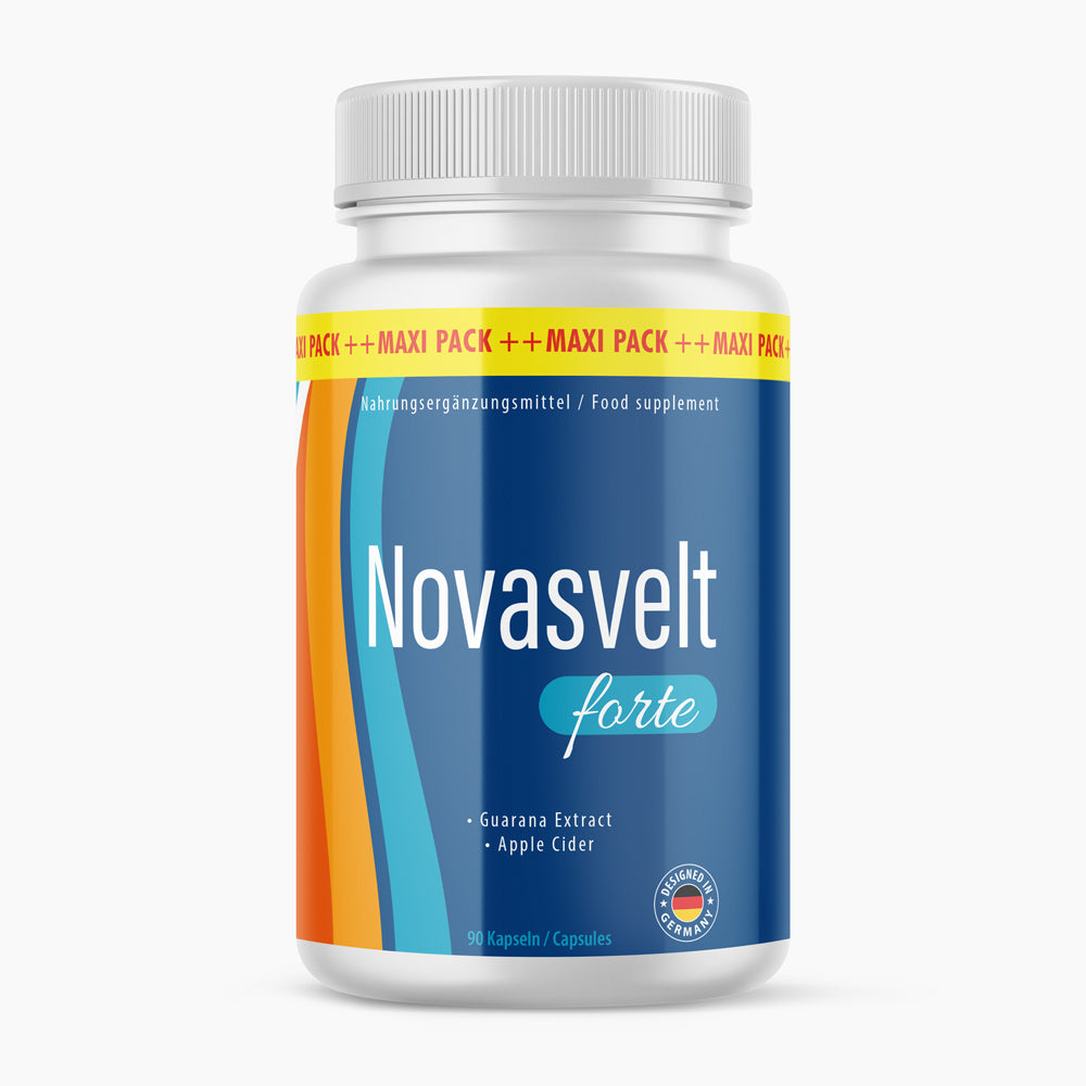 Dose Novasvelt forte mit blauem Etikett, farbigen Streifen und Hinweis unten auf 90 Kapseln