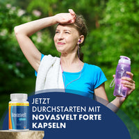 Thumbnail for Frau mit Hand an der Stirn hält Trinkflasche neben Dose Novasvelt forte und blauem Textfeld