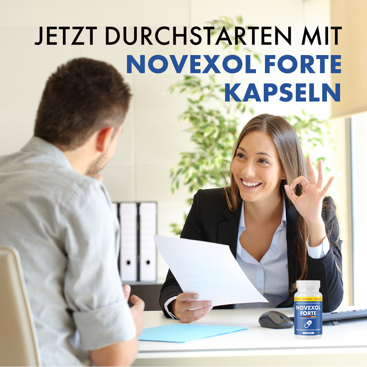 Two people at a desk with a document and a Novexol Forte 90-capsule container, as well as a text heading.