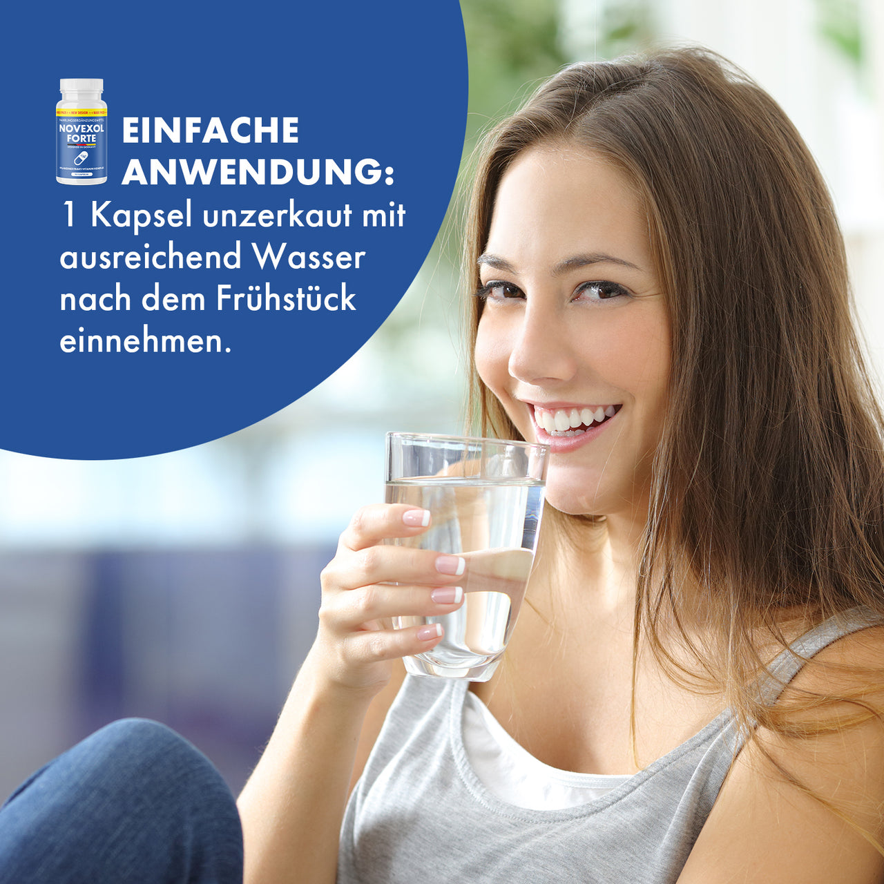 Person holds glass of water next to text. Simple application: 1 capsule after breakfast.