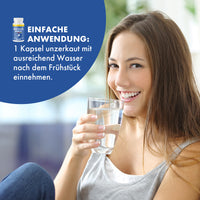 Thumbnail of a person holding a glass of water next to text. Simple application: 1 capsule after breakfast.