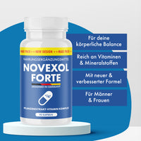Thumbnail for white plastic container of Novexol Forte with 90 capsules against a blue background with text fields.