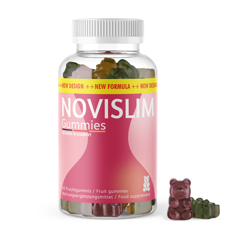 Transparente Kunststoffdose mit pinkem Etikett Novislim Gummies, 60 Fruchtgummis