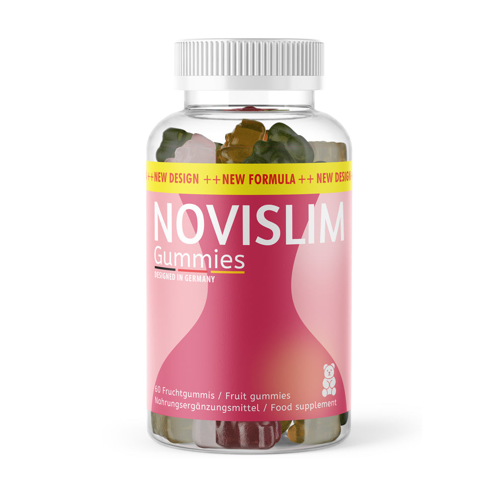 Transparente Kunststoffdose mit pinkem Etikett Novislim Gummies, 60 Fruchtgummis sichtbar im Inneren