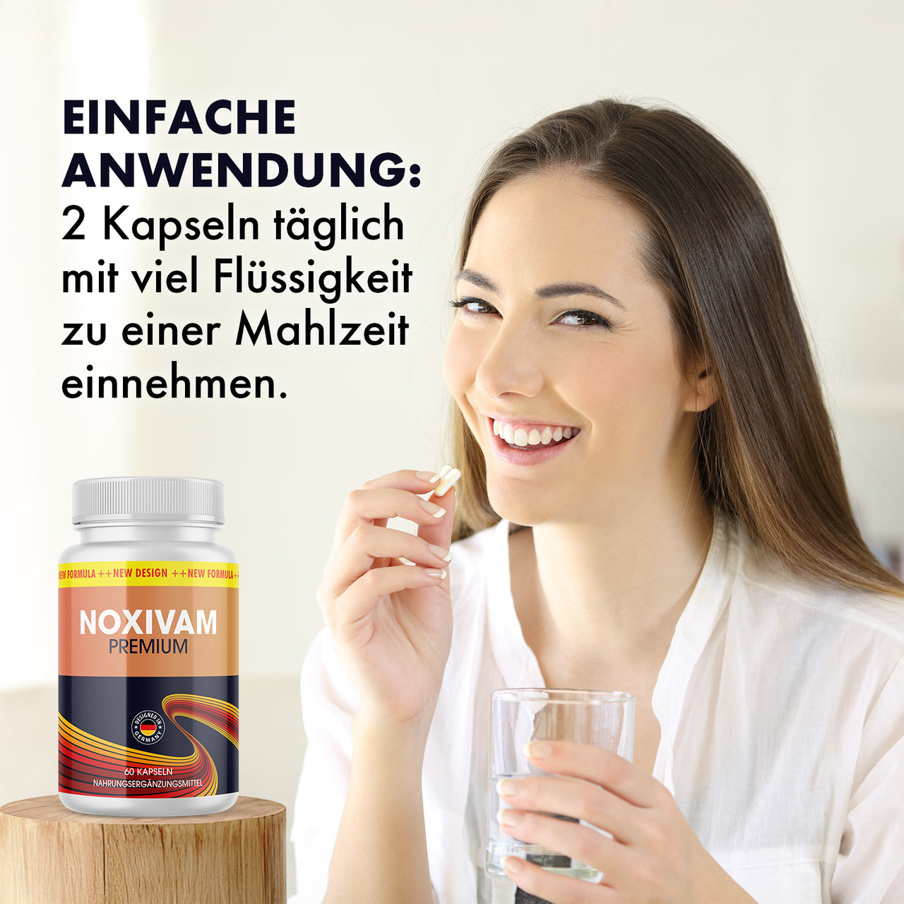 Noxivam Premium Kapseln mit Einnahmehinweis: täglich 2 Kapseln mit viel Flüssigkeit zu einer Mahlzeit