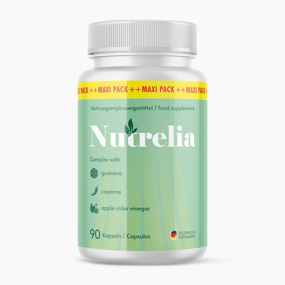 Weiße Dose Nutrelia Nahrungsergänzungsmittel, 90 Kapseln, Pflanzenkomplex mit Guarana, Cayenne und Apfelessig