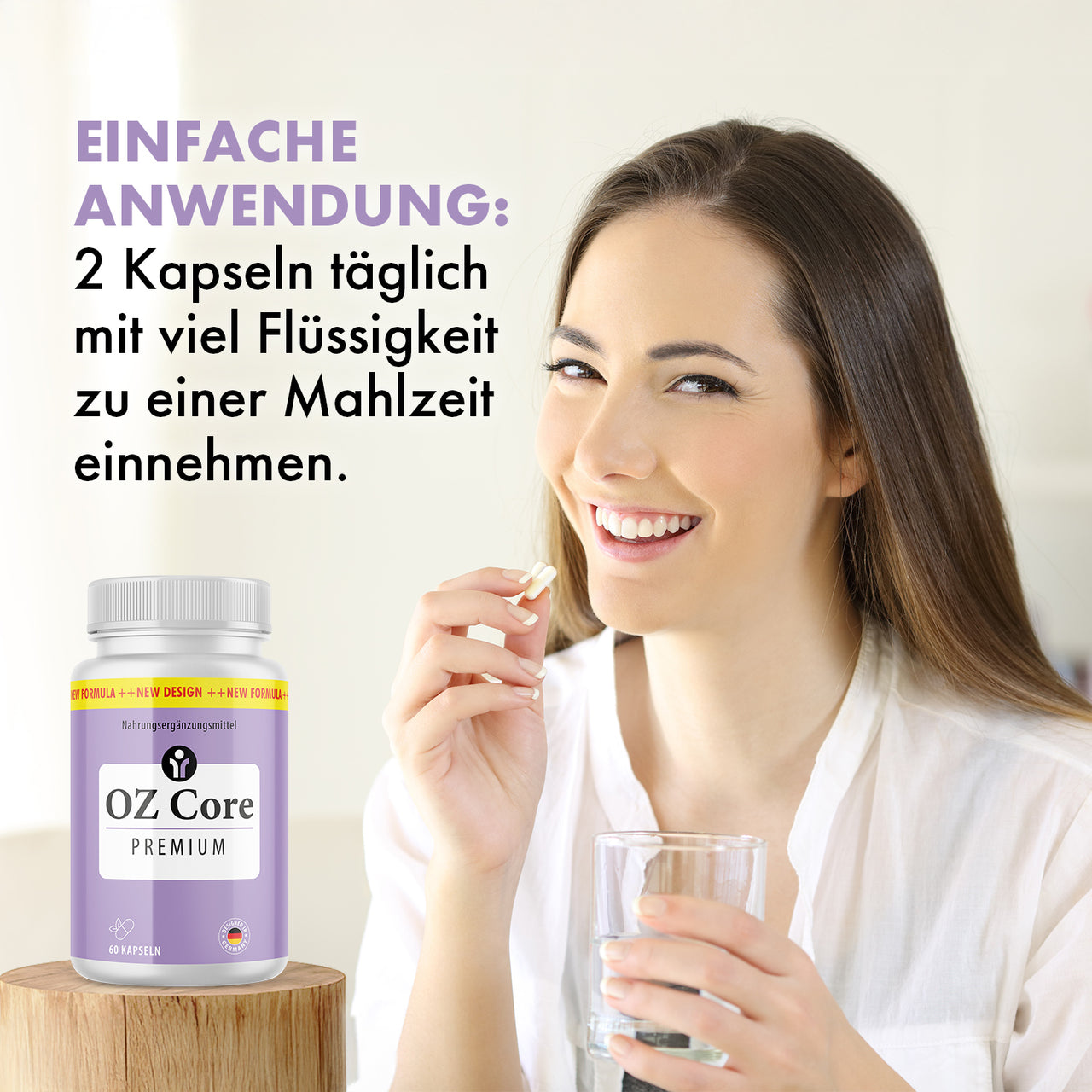Anwendungshinweis für OZ Core Premium: zwei Kapseln täglich mit viel Flüssigkeit zu einer Mahlzeit